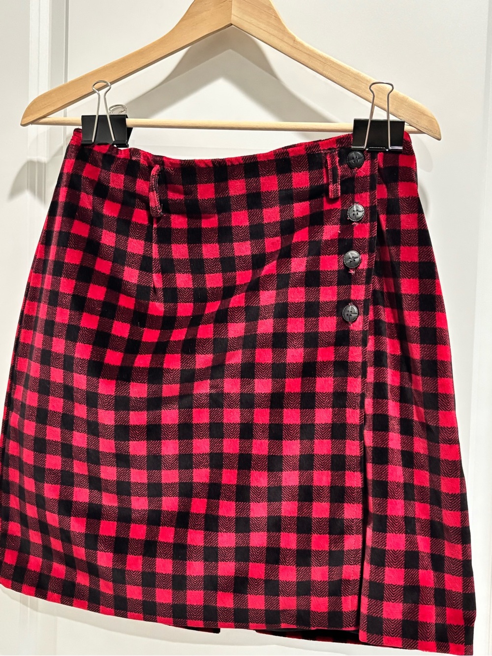 Red and Black Plaid Mini Skirt with Side Buttons